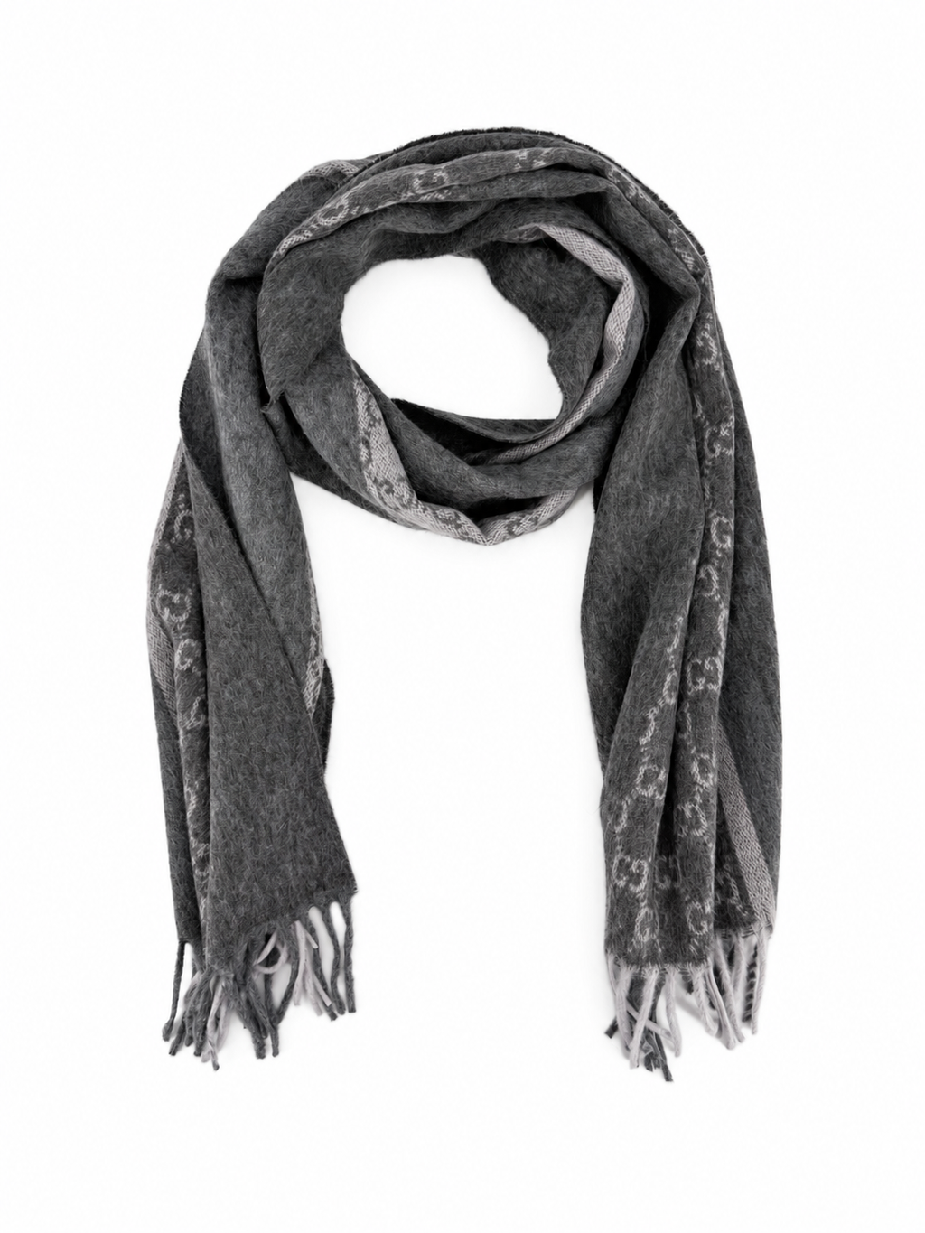 Gucci Monogram Charcoal Grey Cashmere & Wool Scarf with Fringe